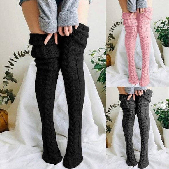 Cable Knit Thigh High Sweater Socks Pink Black Charcoal Gray Long Length NEW - Picture 1 of 7